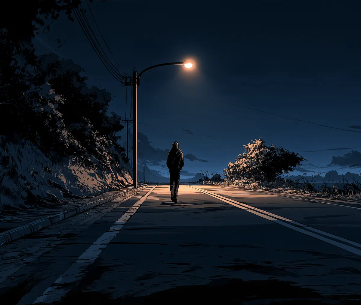 A drawn figure in a black hoodie, hood up, walks away from us down an empty night road under a single streetlight.